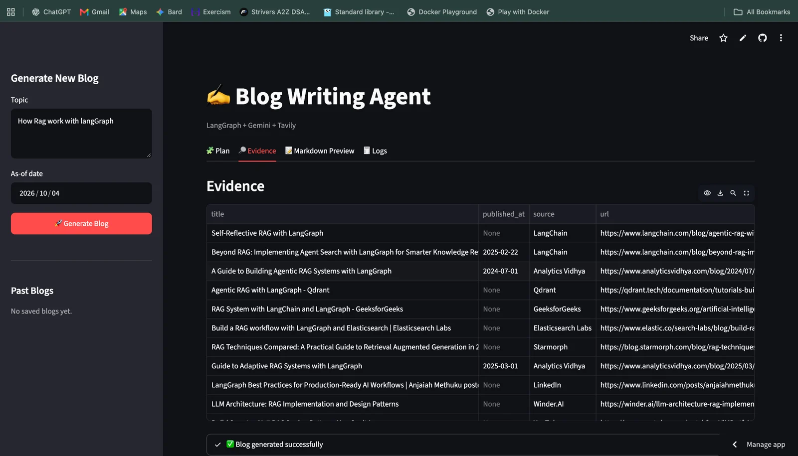 AI Blog Writing Agent evidence screen