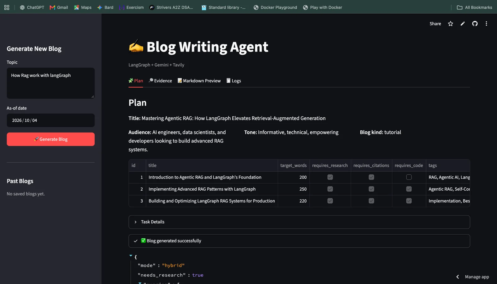 AI Blog Writing Agent planning screen