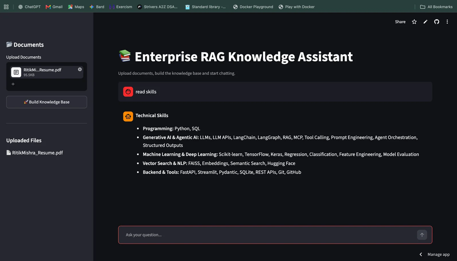 Enterprise RAG Knowledge Assistant chat screen