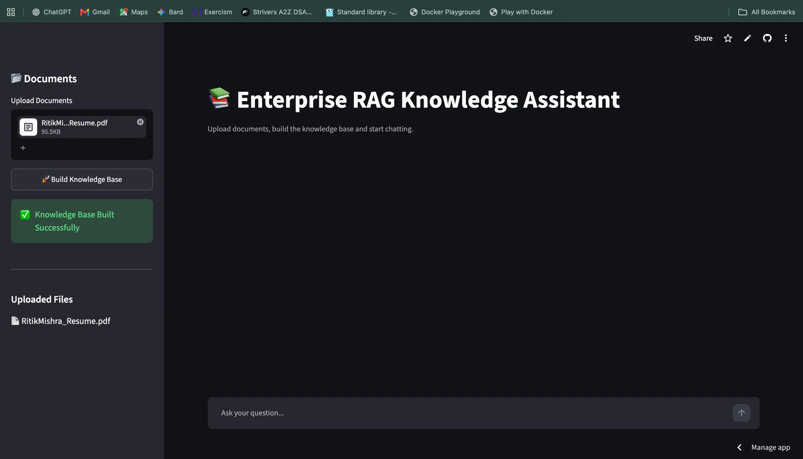 Enterprise RAG Knowledge Assistant knowledge base screen