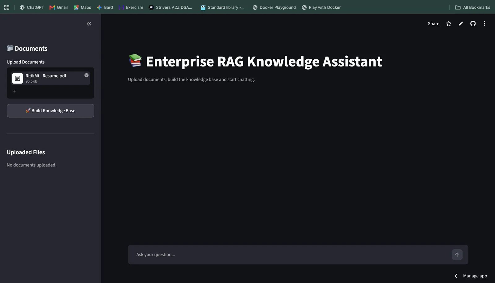 Enterprise RAG Knowledge Assistant application overview